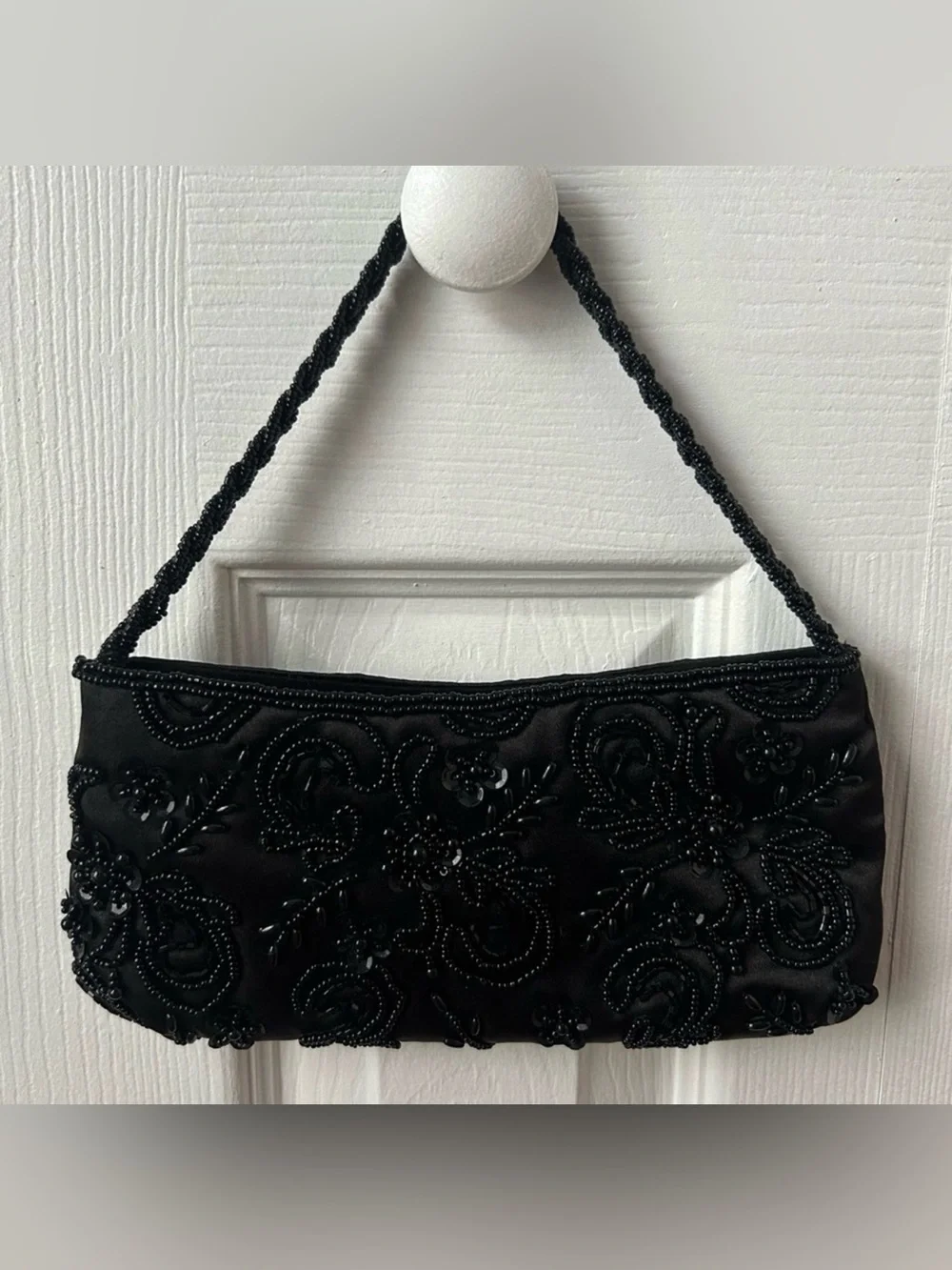 Vintage Jessica McClintock Black Beaded Satin Evening Bag Coquette